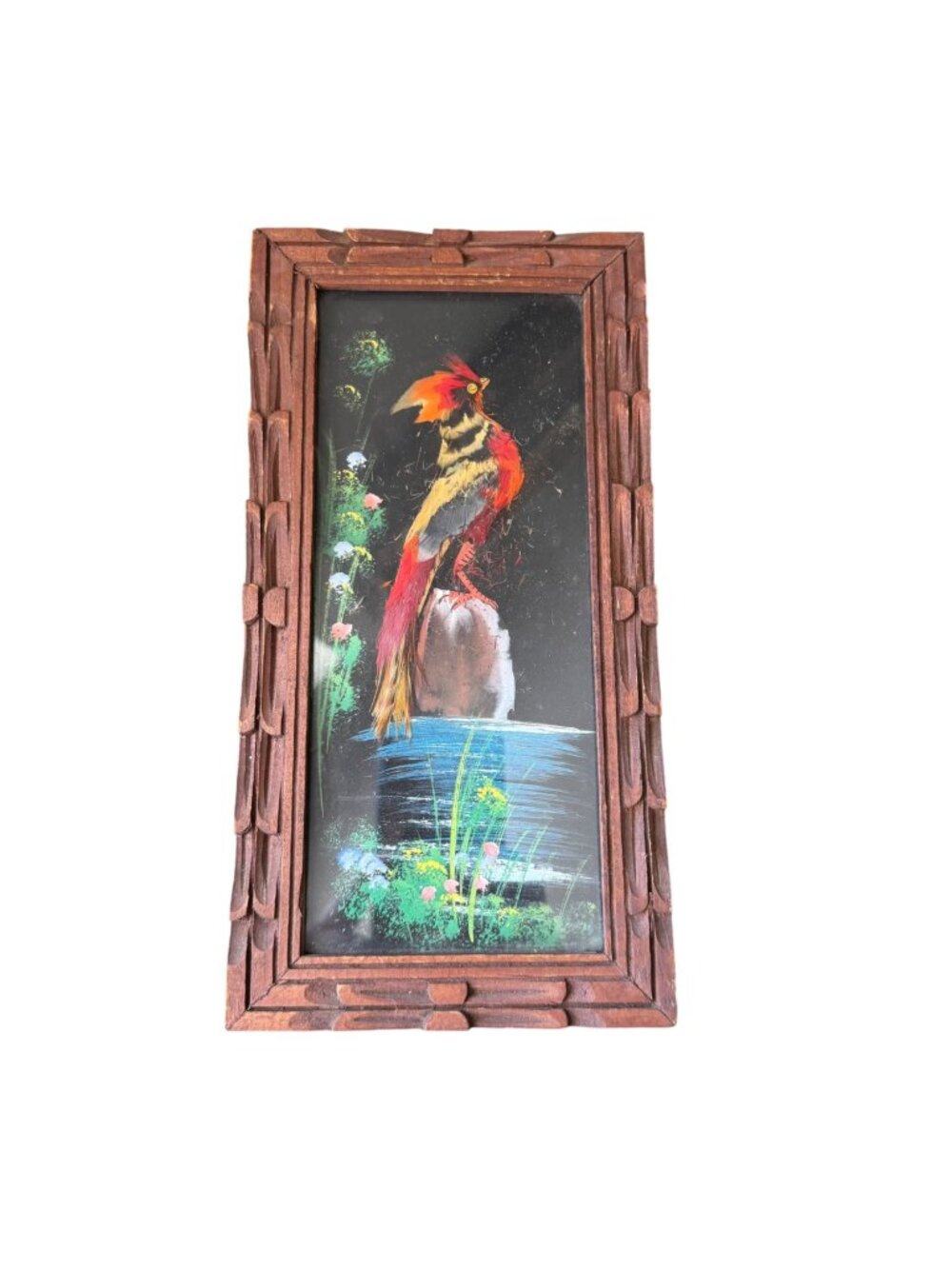 Vintage Feather Craft Mexican Folk Art In Wooden Frame Wall Art